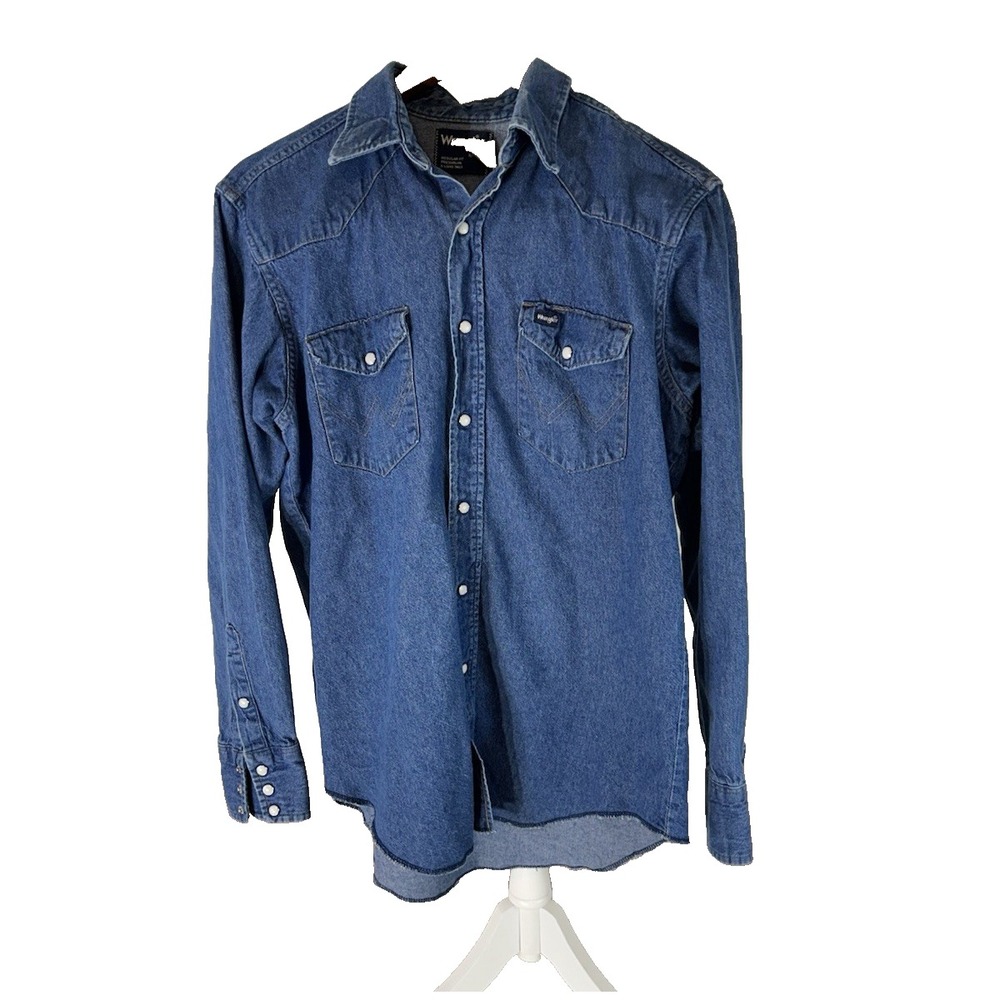 Wrangler Pearl Snap Blue‎ Denim Shirt Men's 80s Western Cowboy Vintage 16 1/2X35